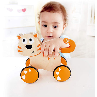 Hape Wooden Dante Push, Release and Go Cat Toddler Toy with Wheels