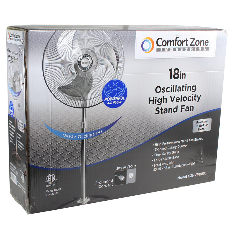 Comfort Zone 18" High-Velocity 3 Speed Adjustable Industrial Pedestal Fan, Black