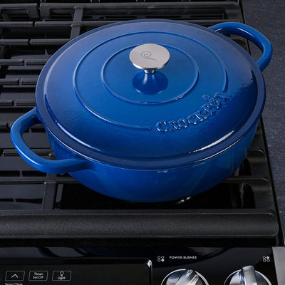 Crock-Pot 5 Qt Round Enamel Cast Iron Covered Dutch Oven Cooker, Sapphire Blue