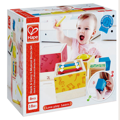 Hape Children's Colorful 6 Piece Wooden Stacking Musical Box, Music Toy Set