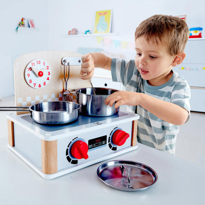 Hape 2-in-1 Child Safe Wood Children's Play Toy Kitchen and Grill Learning Set