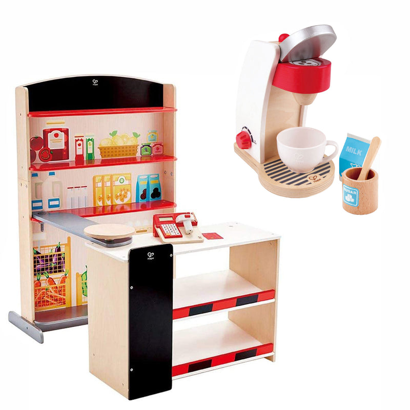 Hape Pop Up Grocery Shop Pretend Play Set Bundle with My Coffee Machine Kids Toy