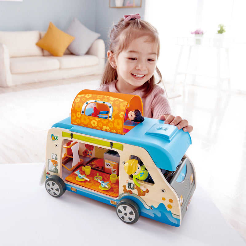 Hape Adventure Van 23 Piece Wooden Camper Toy Set for Kids Ages 3 Years and Up