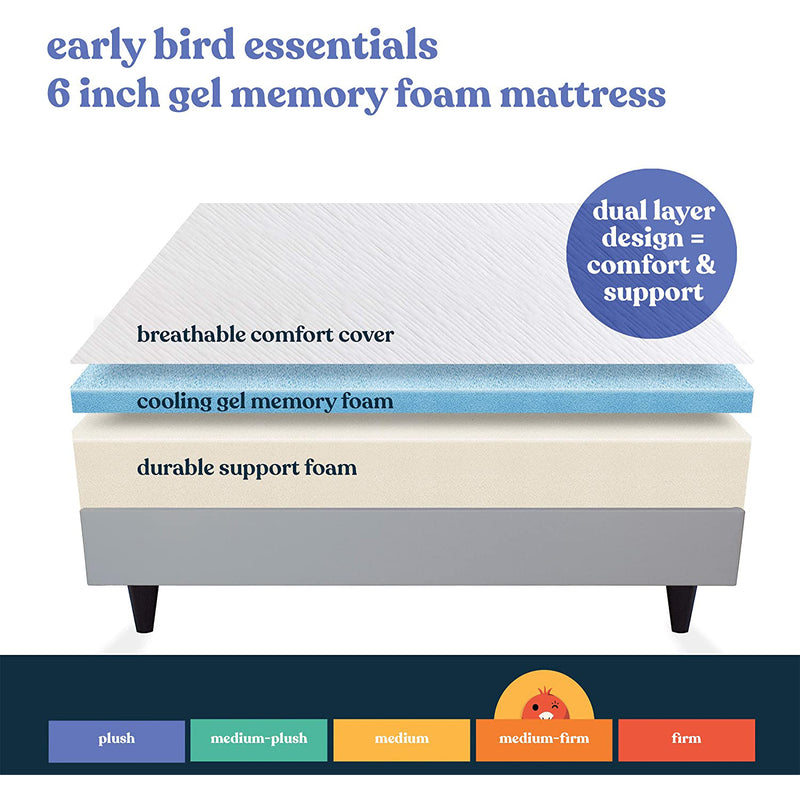 Early Bird Essentials 6" Gel Memory Foam Mattress w/ Dual Layer Comfort, Twin XL