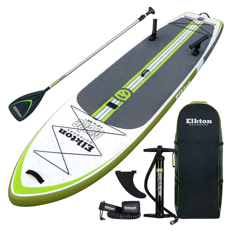 Elkton Outdoors 12 Foot Inflatable Paddle Board Kit w/ Fishing Rod Holder, Green