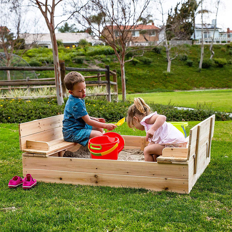 Be Mindful Solid Wood Extra Large Outdoor Kids Sandbox with Cover and Bench Seat