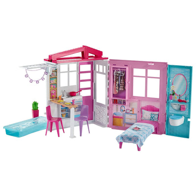 Barbie Portable 1-Story Playset Dollhouse with Pool, Furniture and Accessories