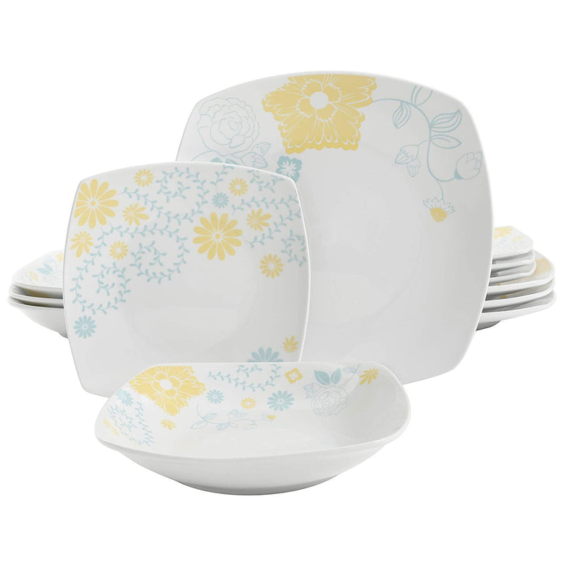 Gibson Home Summerfield Patterned 12 Piece Square Dinnerware Set, Blue/Yellow