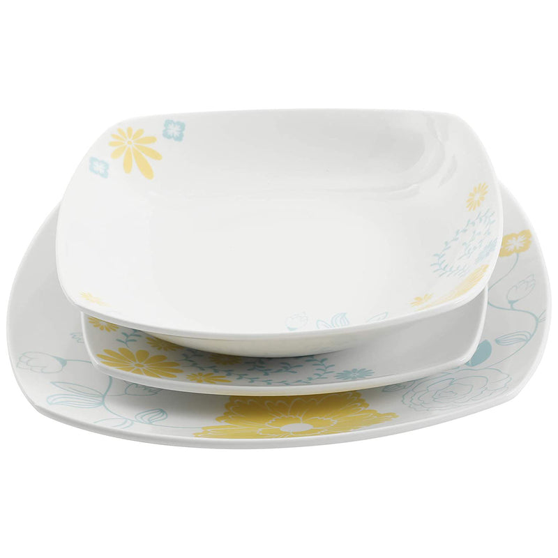 Gibson Home Summerfield Patterned 12 Piece Square Dinnerware Set, Blue/Yellow