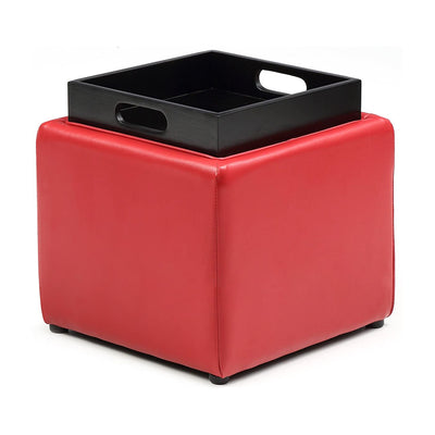 Hodedah 16 Inch Cubed Leather Ottoman with Small Storage and Flip Over Tray, Red
