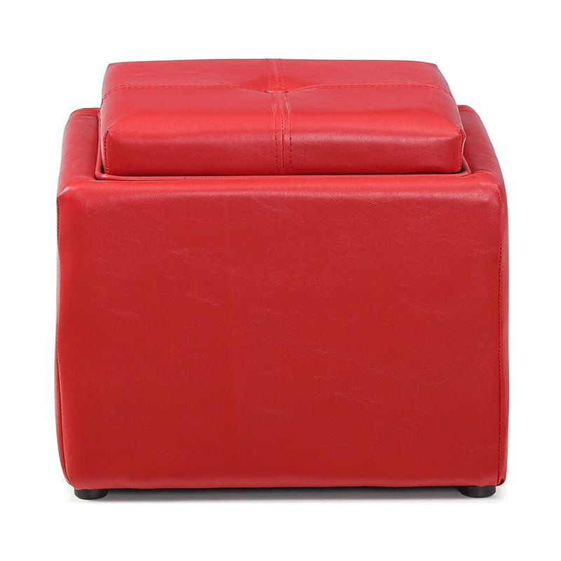 Hodedah 16 Inch Cubed Leather Ottoman with Small Storage and Flip Over Tray, Red