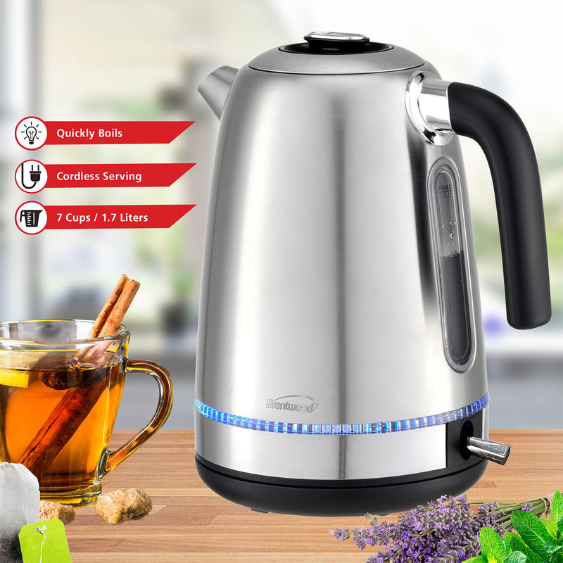 Brentwood KT-1792S 1.7 Liter Cordless Electric Stainless Steel Tea Kettle Pot