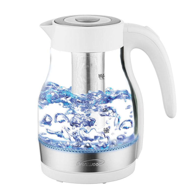 Brentwood KT-1962W 1.7L Cordless Electric Glass Tea Kettle Pot with Tea Infuser