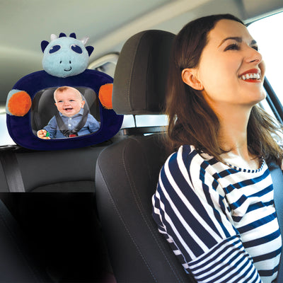 Little Tikes 360 Swivel Plush Dinosaur Back Seat Headrest Baby Car Mirror, Blue