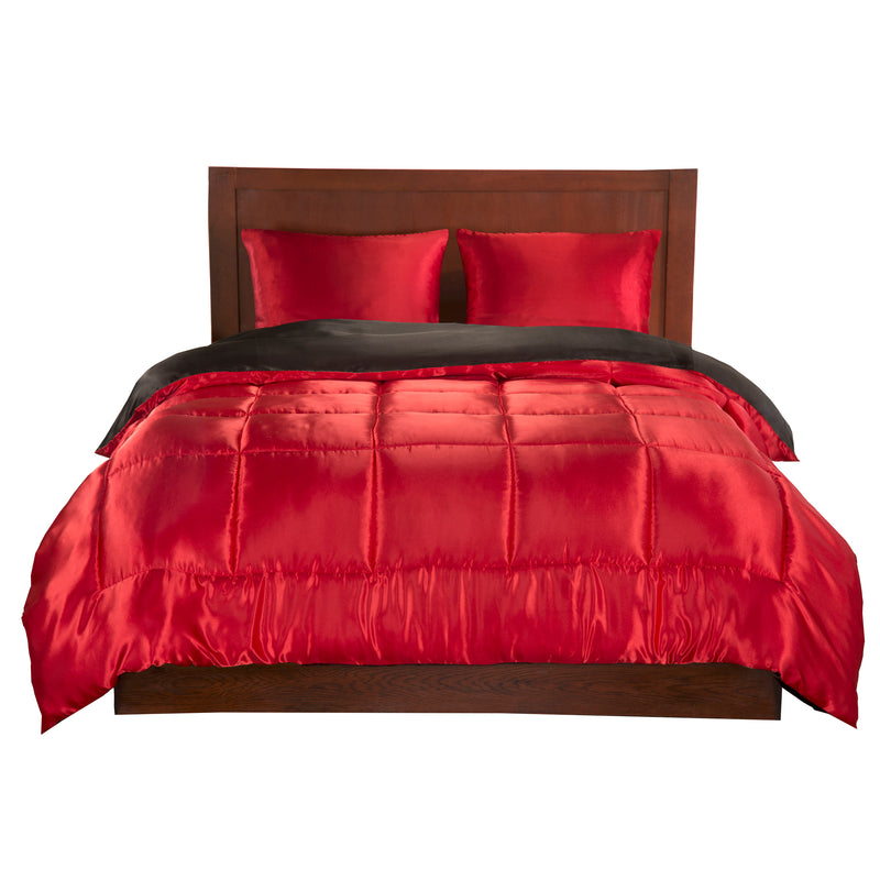 Elite Home 3 Piece 80 GSM Luxury Satin Reversible Comforter Set, King, Red/Black