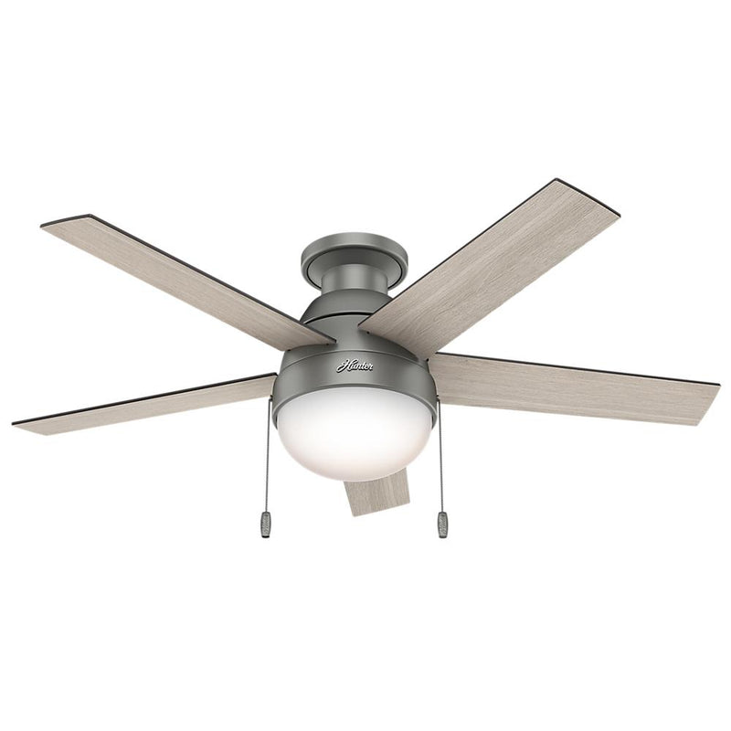 Hunter Anslee 46" Low Profile Ceiling Fan with LED Light and Pull Chain, Silver