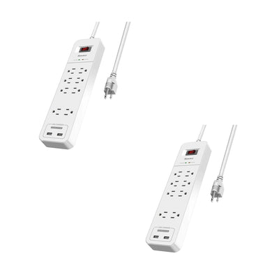 Huntkey Power Strip w/ Heavy Duty Cord, 8 Sockets, & 2 USB Ports, White (2 Pack)