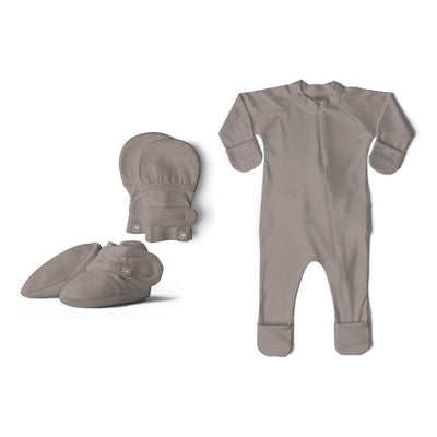 Goumikids 0-3M Baby Footie Pajamas Bundle with Infant Mittens and Bootie, Pewter