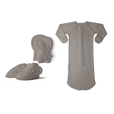 Goumikids Baby Night Gown Bundle with Soft Infant Mittens and Bootie, Pewter