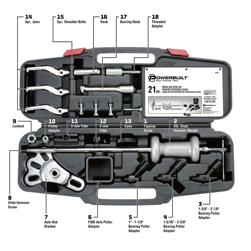 Powerbuilt 648611 21 Piece Master Axle Puller Automotive Car Repair Tool Kit