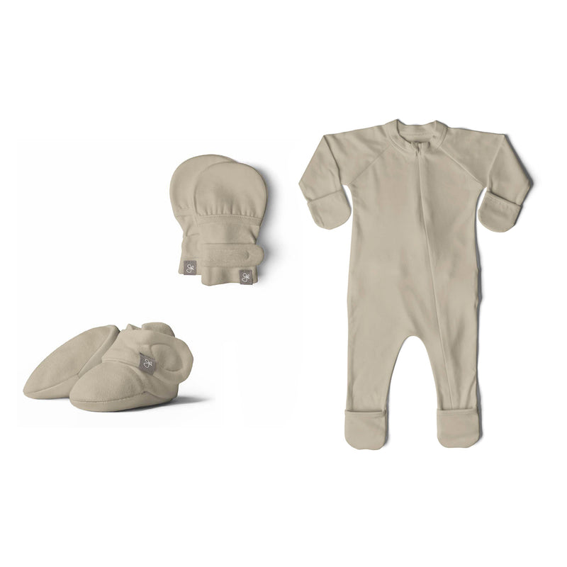 Goumikids 0-3M Baby Footie Pajamas Bundle with Infant Mittens & Bootie, Soybean