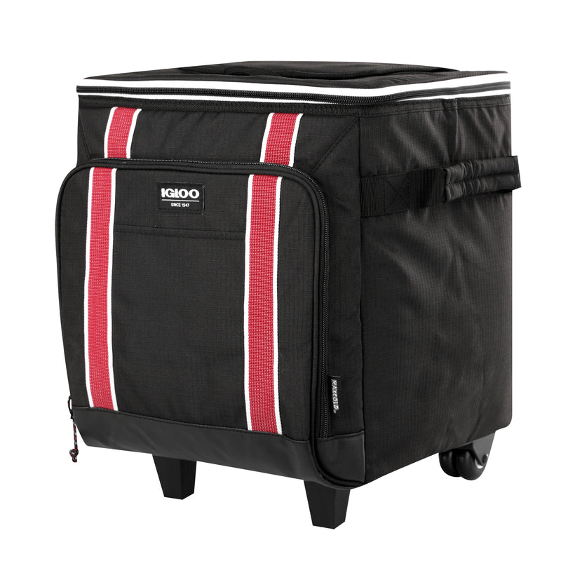 Igloo 40 Can Large Portable Insulated Soft Cooler with Rolling Wheels, Black/Red
