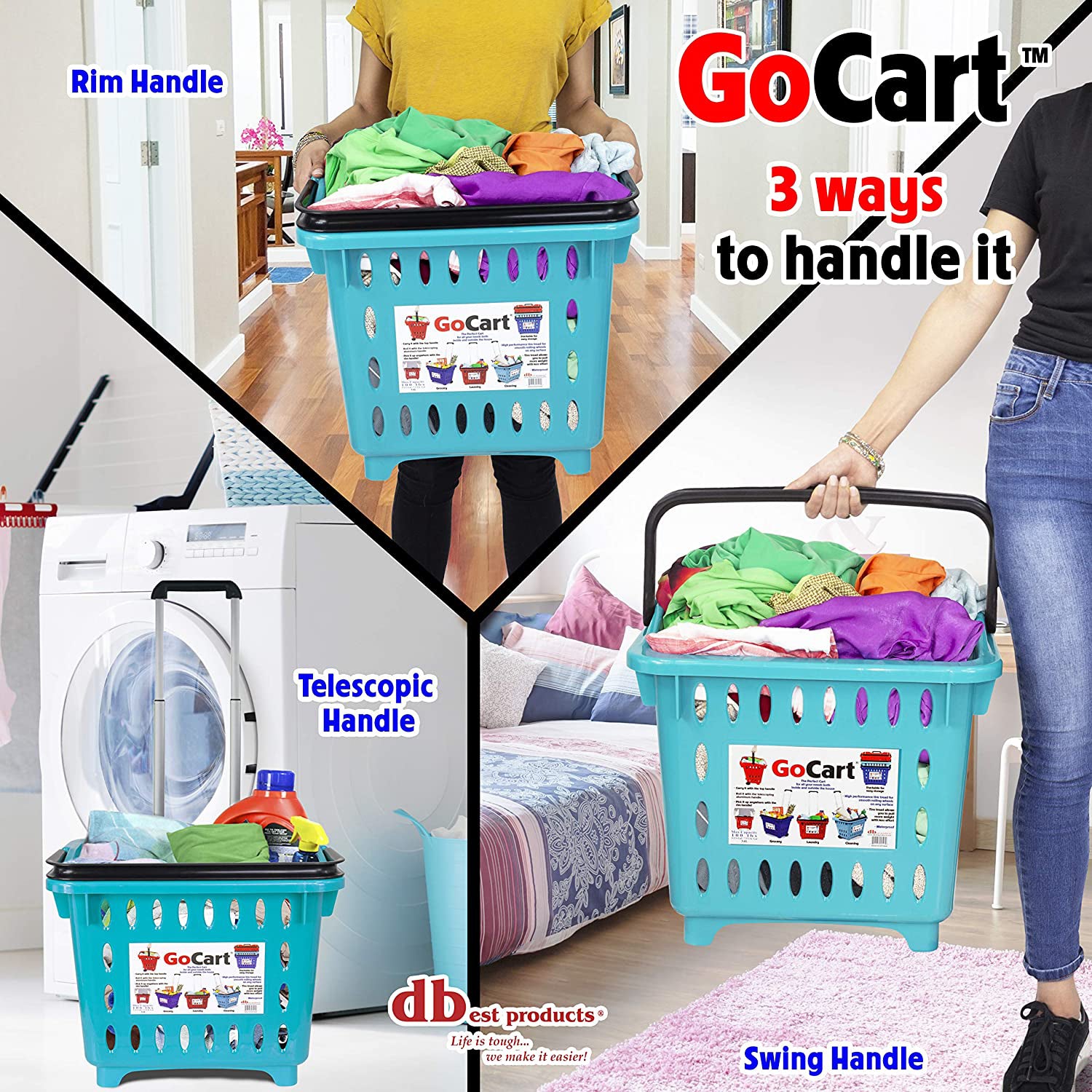 dbest products GoCart Wheeled Dolly Grocery Cart Laundry Basket, Teal (Open Box)