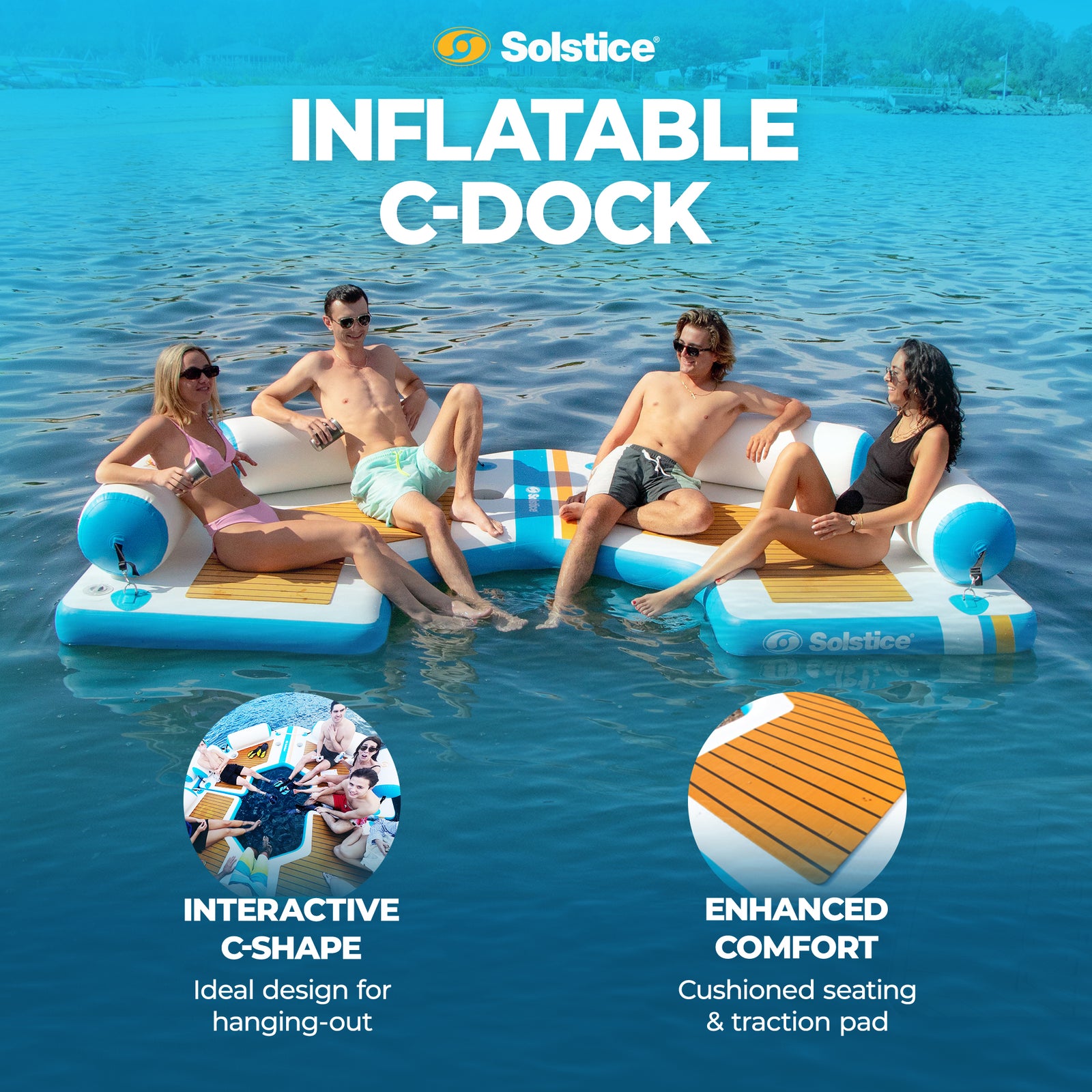 Solstice Original Inflatable Floating C-Dock Platform 11 Foot Water Mat Lounger - VMInnovations