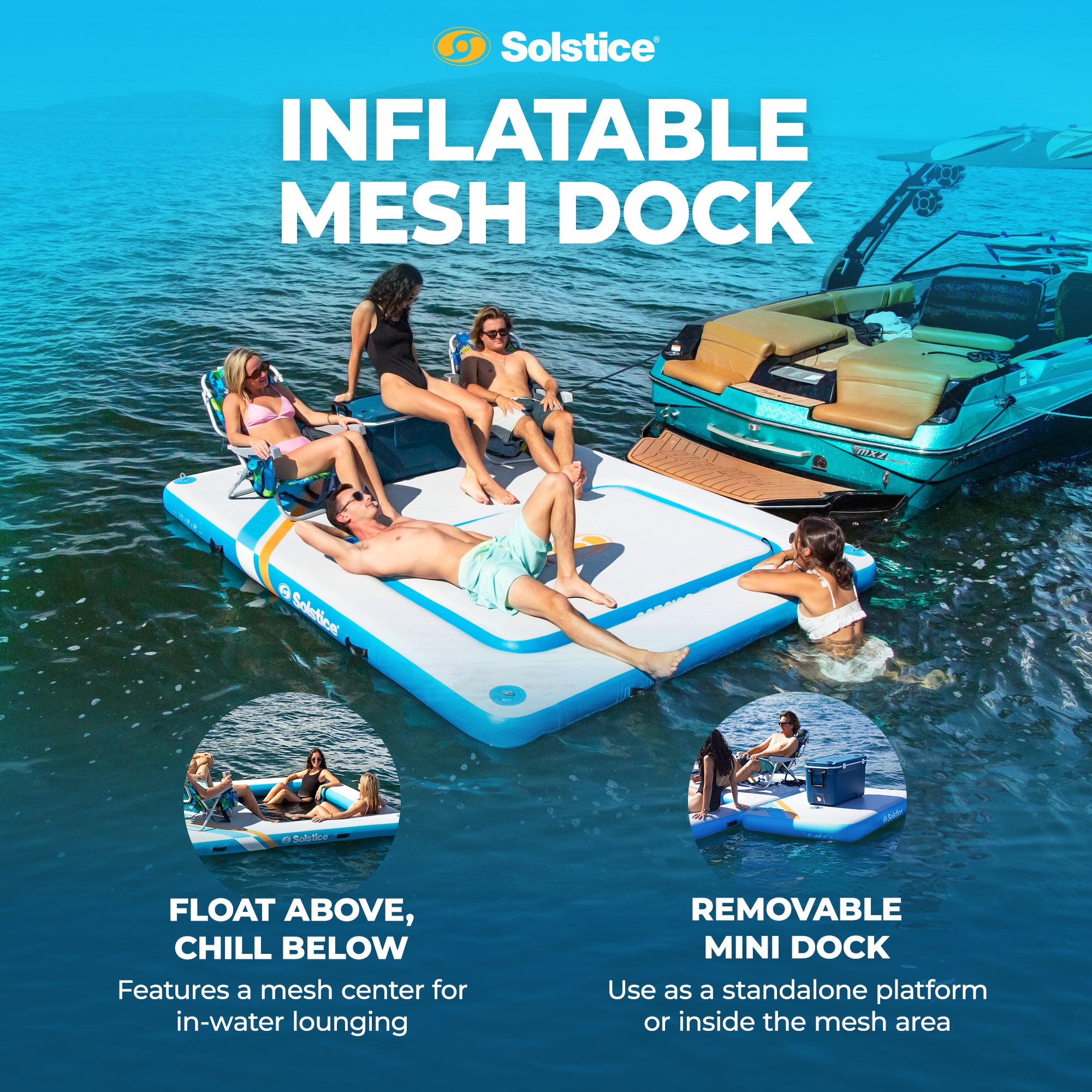 SOLSTICE Original Inflatable Mesh Dock Platform for Lake Boat Pool Ocean, 10'x8' - VMInnovations