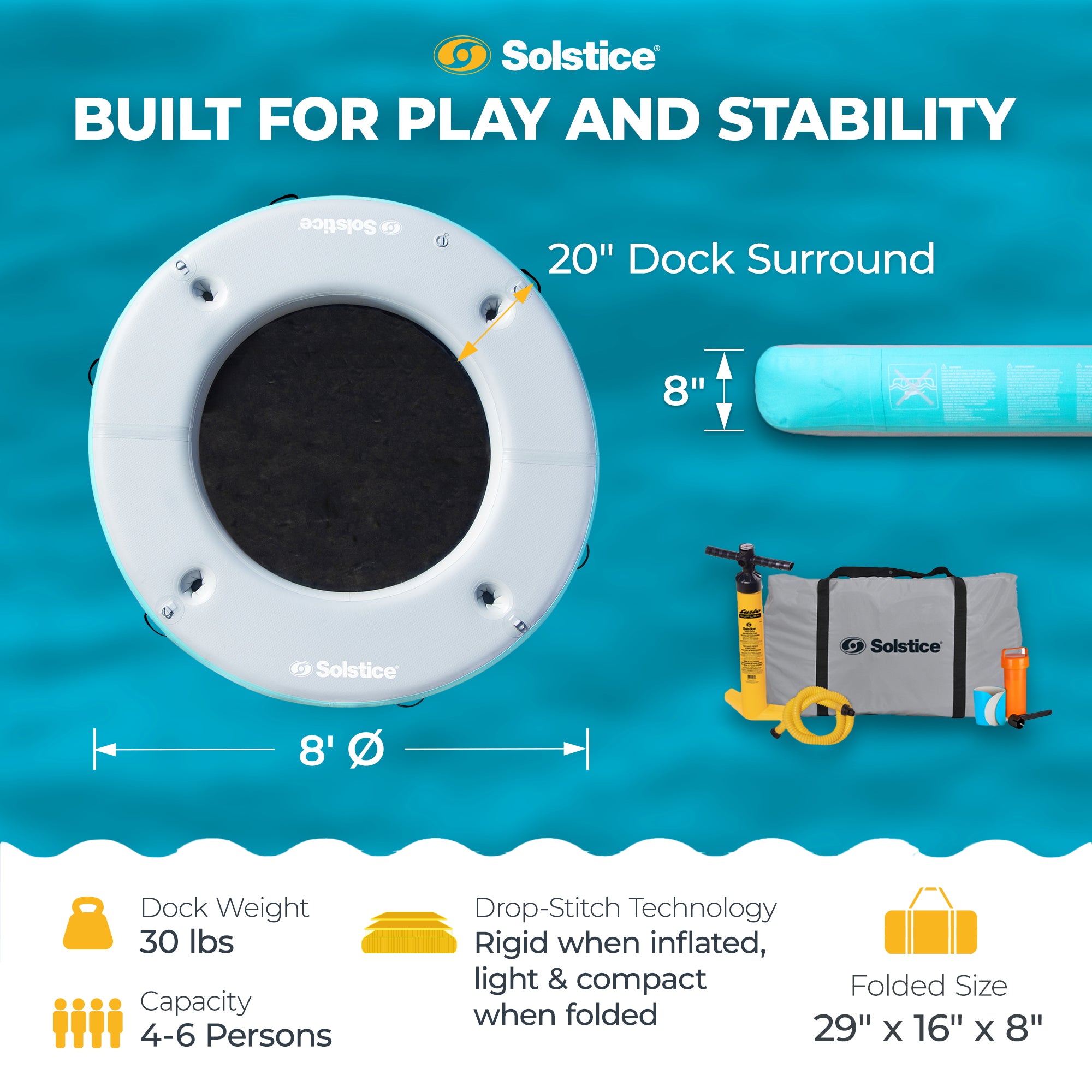 Solstice Original Inflatable Mesh Dock Floating 8 Foot Round Water Mat Lounger - VMInnovations