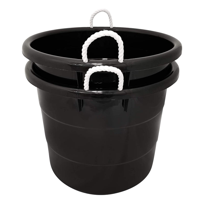 Homz 18 Gal Plastic Utility Storage Bucket Tub w/ Rope Handles, Black, (2 Pack)