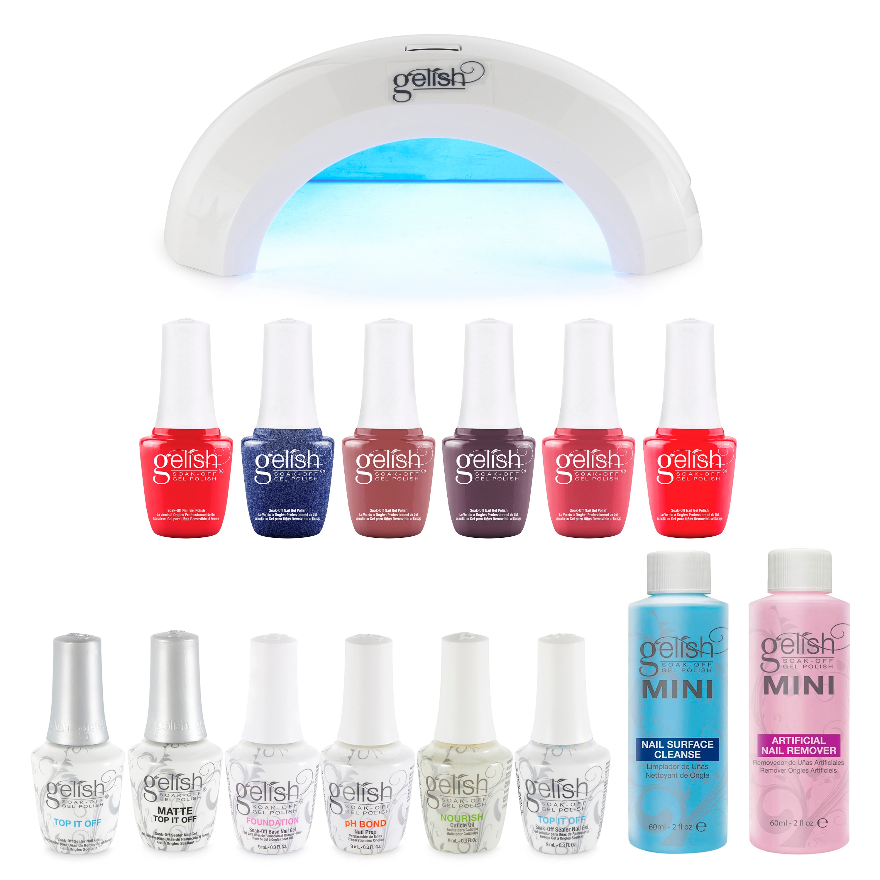 Gelish Nail Curing LED Lamp, Basix Polish Kit, Top Coat Duo, Midnight Caller Set