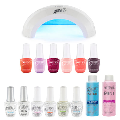 Gelish Nail Curing LED Lamp, Basix Polish Kit, Clear Top Coat Duo, & Sunrise Set