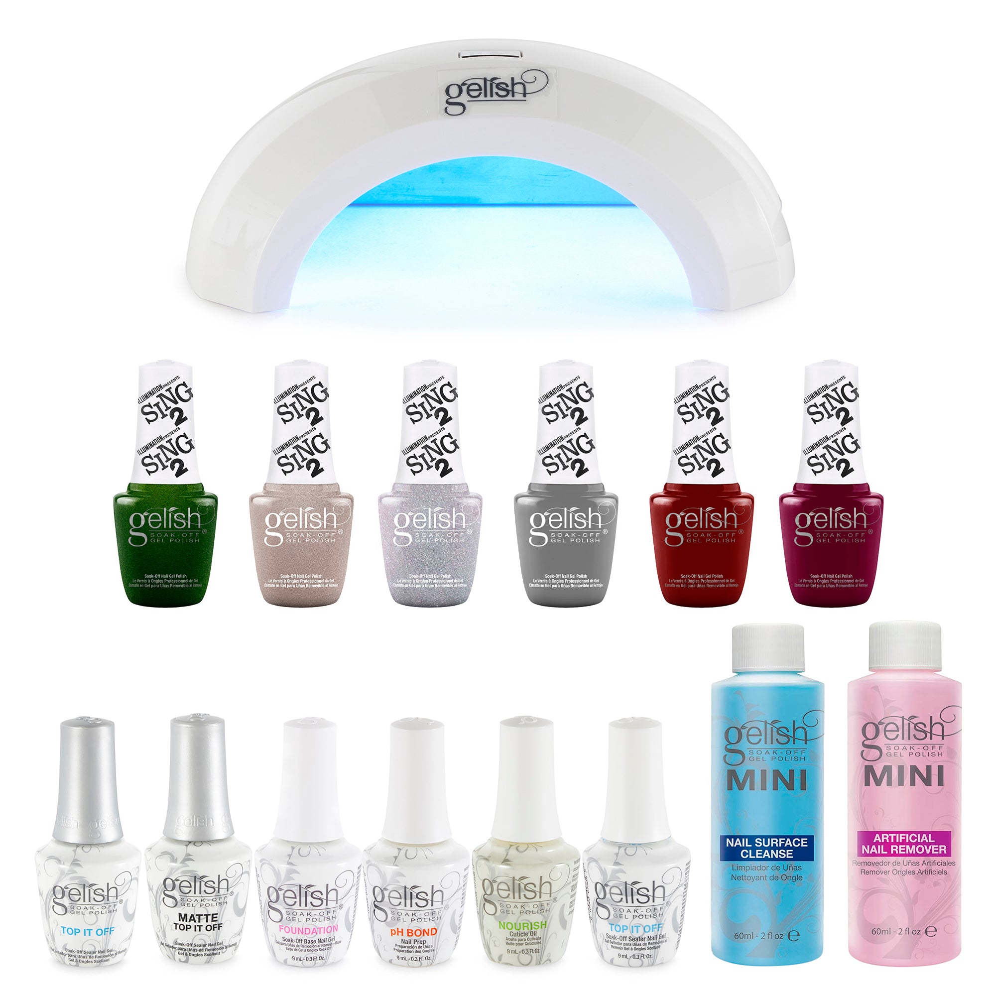 Gelish Nail Curing LED Lamp, Basix Polish Kit, Top Coat Duo, & Winter Sing 2 Set