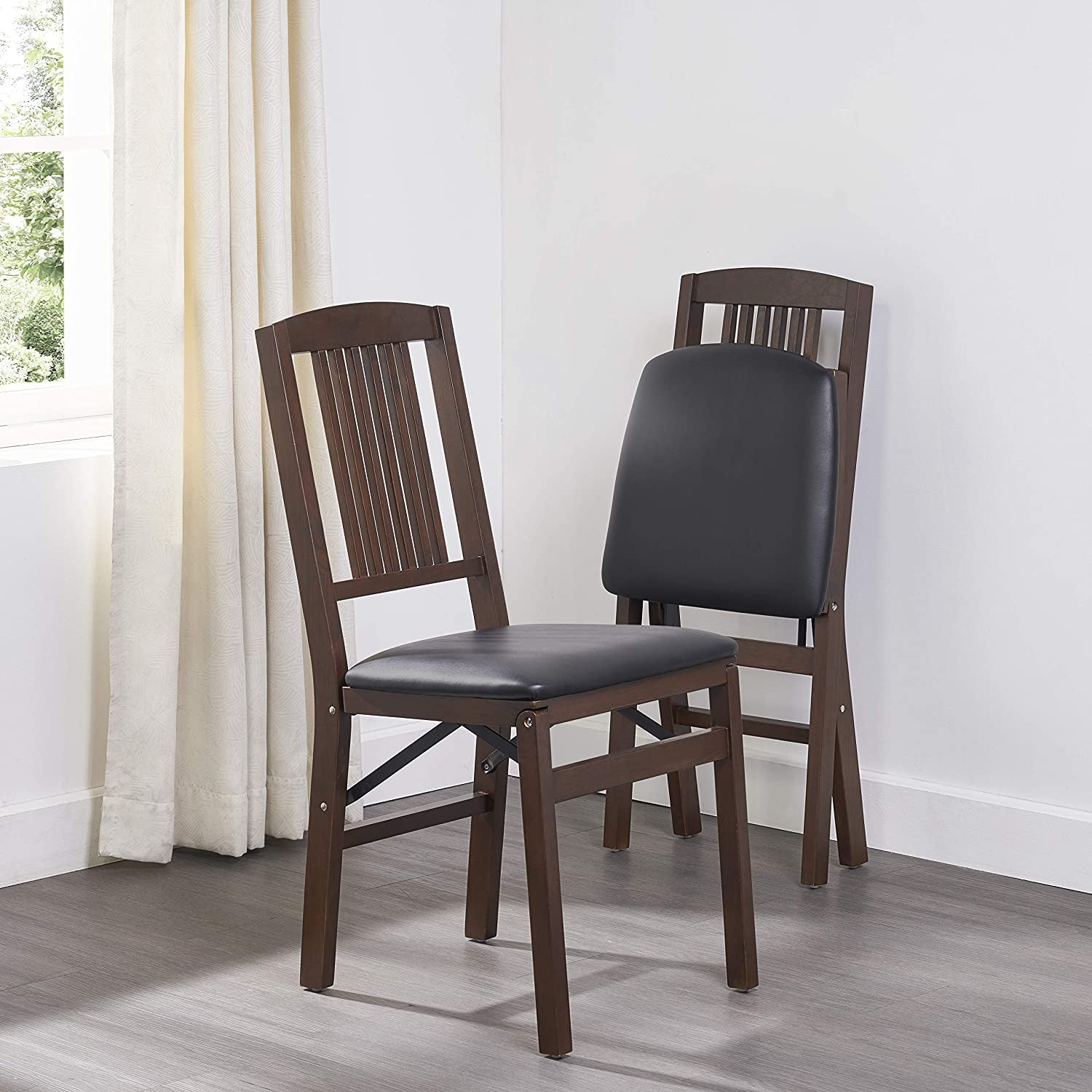 MECO Stakmore Mission Upholstered Seat Folding Chairs, Espresso/Black (2 Pack)