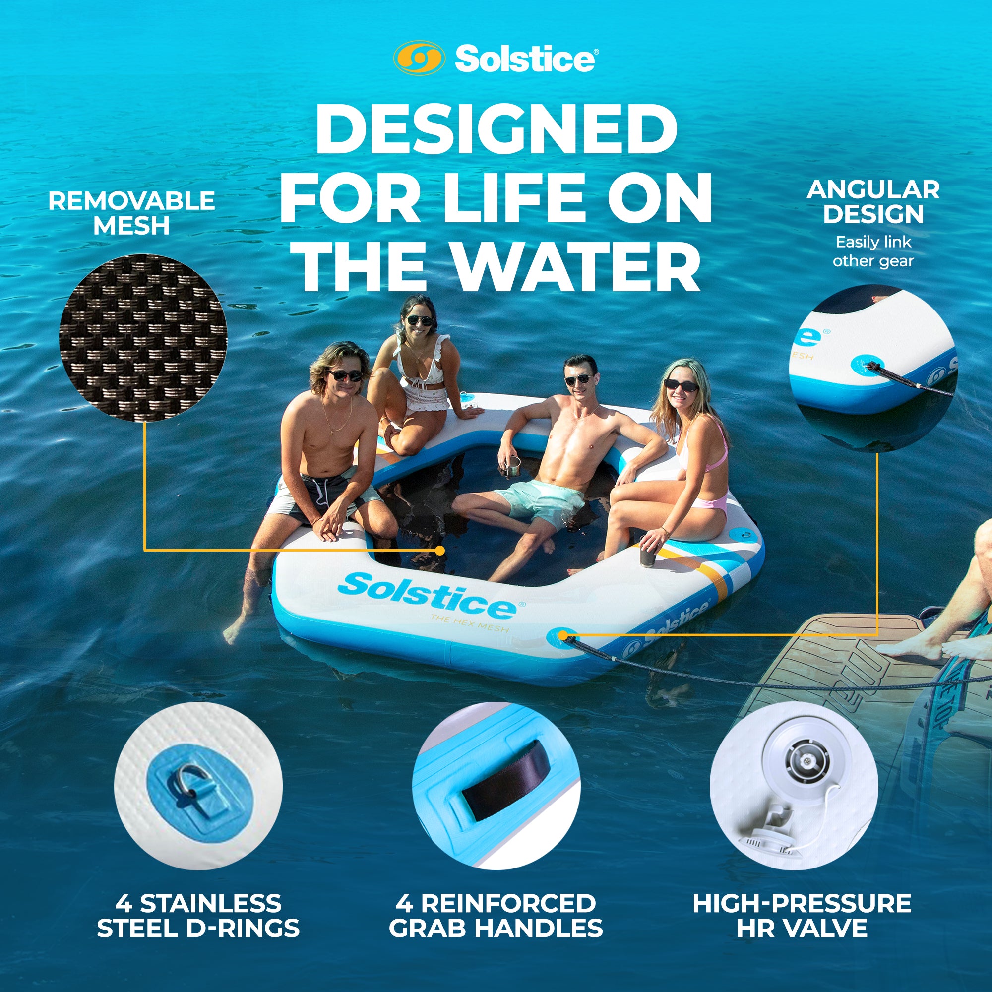 SOLSTICE Hexagon Inflatable Mesh Dock Platform for Lake Boat Pool Ocean, 8'x6" - VMInnovations