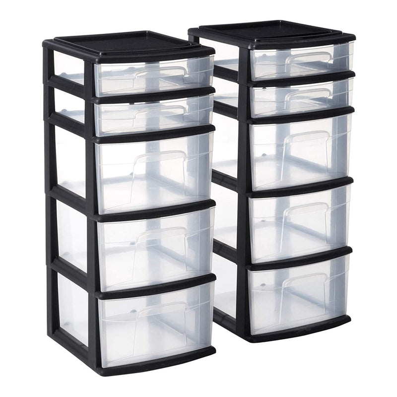 Homz Plastic 5 Drawer Home Storage Container Tower, Black Frame, 2pk(Open Box)