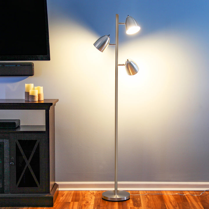 Brightech Jacob 3 Light Tree Floor Lamp Pole with LED Lights, Nickel (Used)