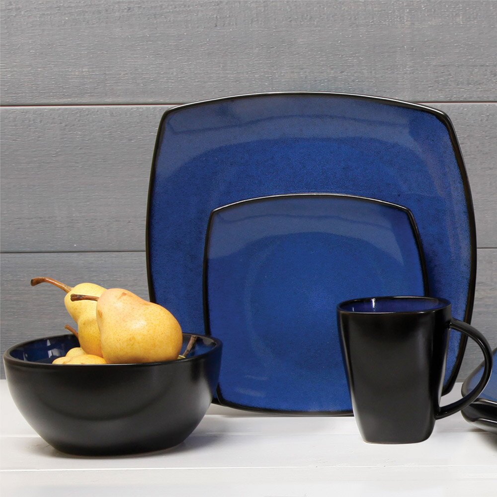 Gibson 16 Piece Reactive Glaze Dinnerware Plates Bowls & Mugs, Blue (Open Box)