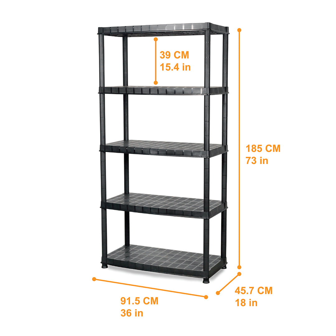 Ram Quality Products Deluxe 5 Tier Plastic Garage Storage Shelf Unit, Black - VMInnovations
