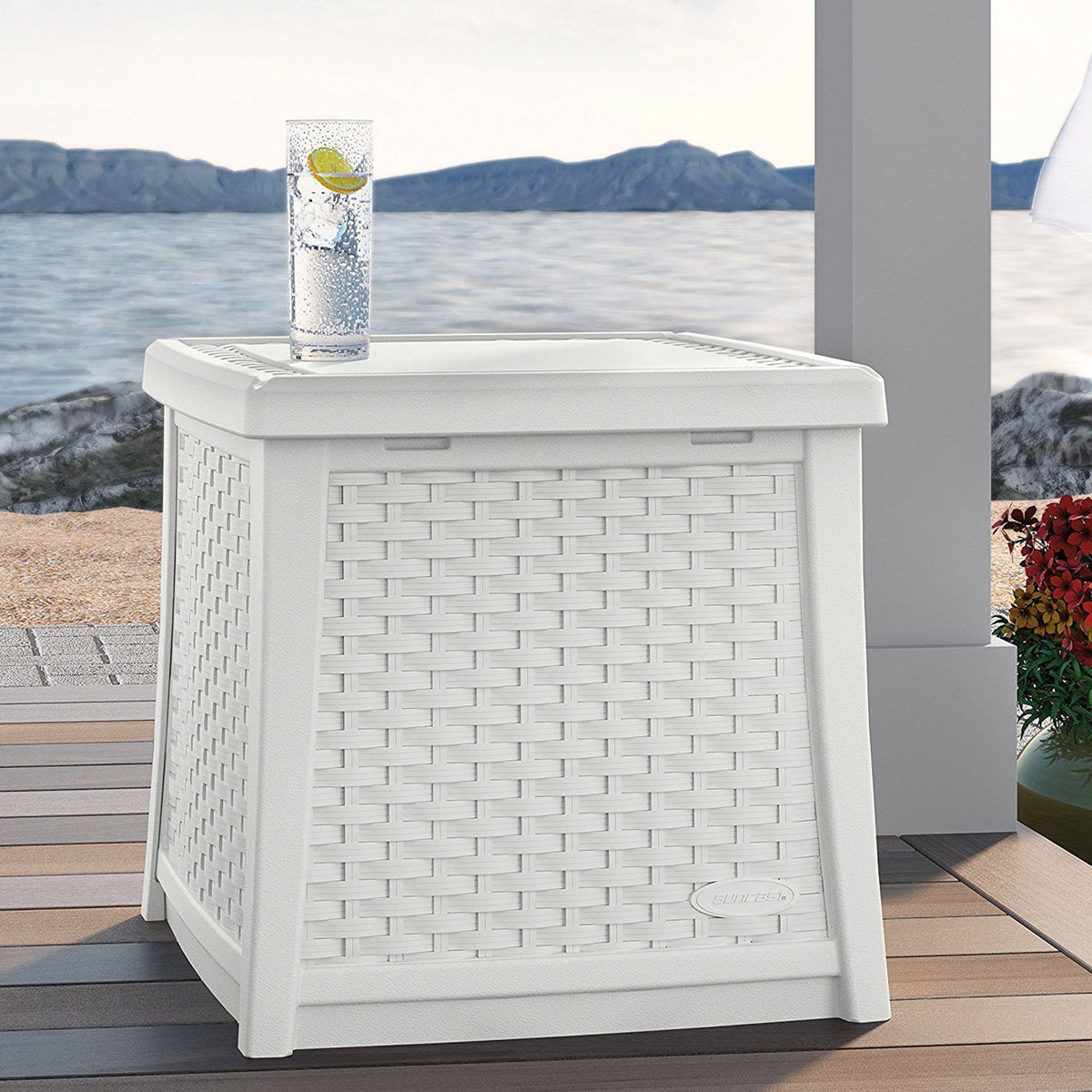 Suncast Elements 13-Gallon Wicker Patio End Table with Storage, White (4 Pack)