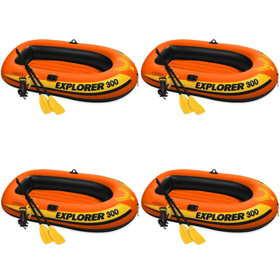 Intex Explorer 300 Compact Inflatable 3 Person Raft Boat w/ Pump & Oars (4 Pack) - VMInnovations