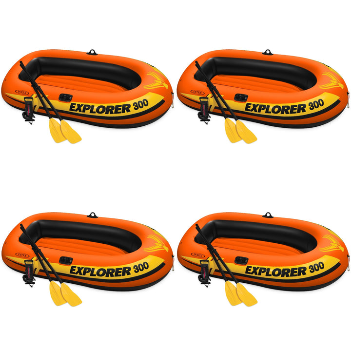 Intex Explorer 300 Compact Inflatable 3 Person Raft Boat w/ Pump & Oars (4 Pack)