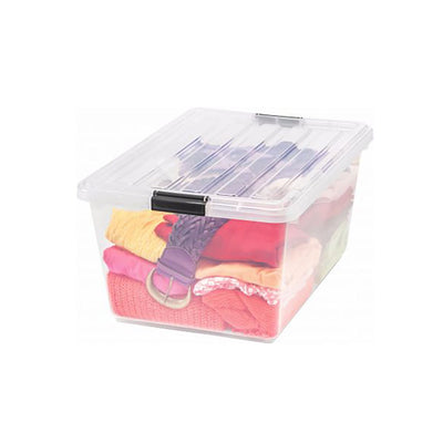 IRIS Medium 44 Qt Buckle Down Snap Handle Storage Caddy Bin Tote w/ Lid, Clear