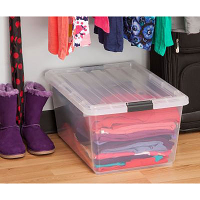 IRIS Medium 44 Qt Buckle Down Snap Handle Storage Caddy Bin Tote w/ Lid, Clear