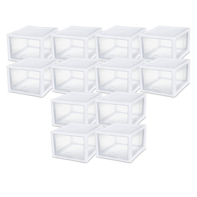Sterilite 27 Quart Clear & White Plastic Storage Bin with One Drawer, 12 Pack