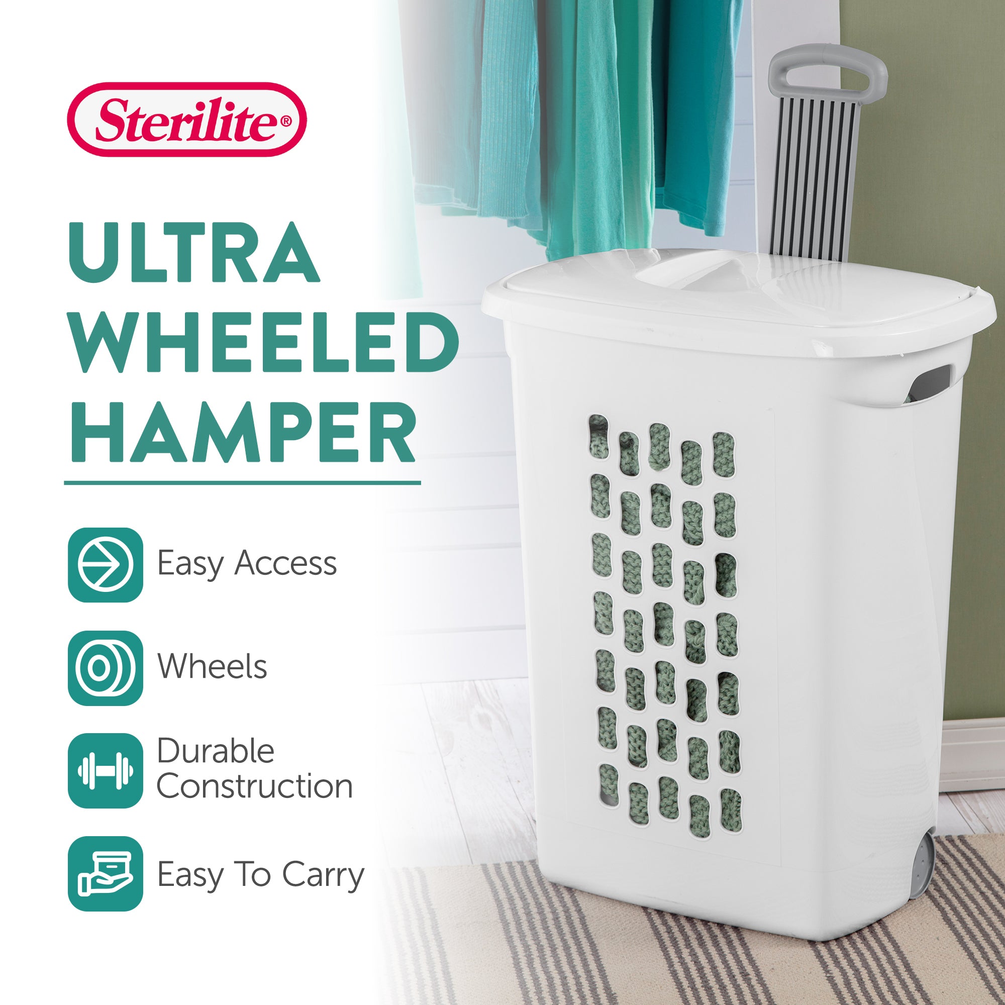 Sterilite White Laundry Hamper With Lift-Top, Wheels, And Pull Handle, 18 Pack
