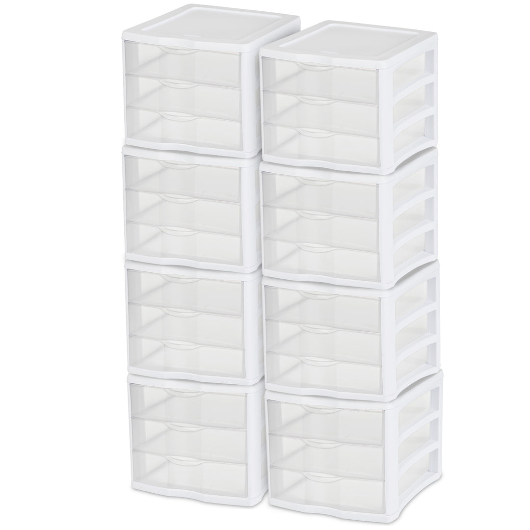 Sterilite ClearView Compact Stacking 3 Drawer Storage Organizer System, (8 Pack)