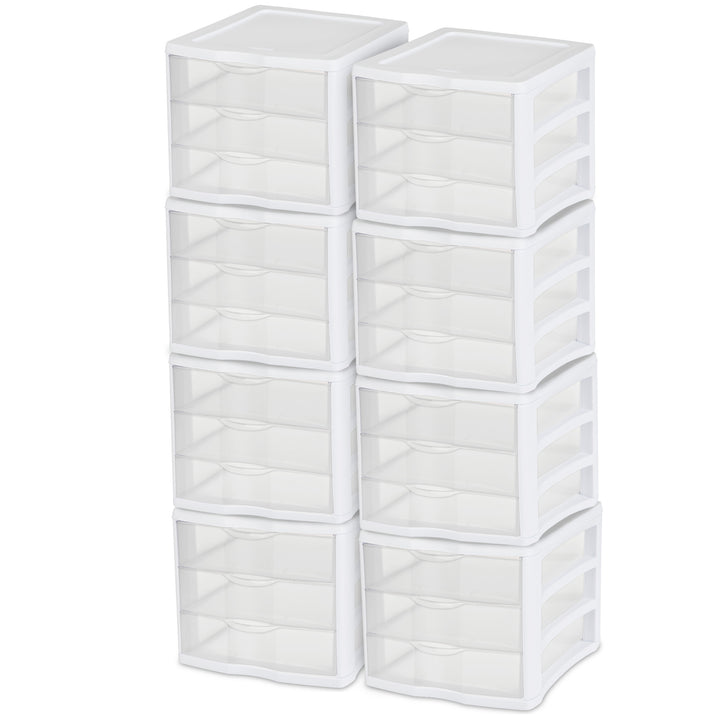 Sterilite ClearView Compact Stacking 3 Drawer Storage Organizer System, (8 Pack)
