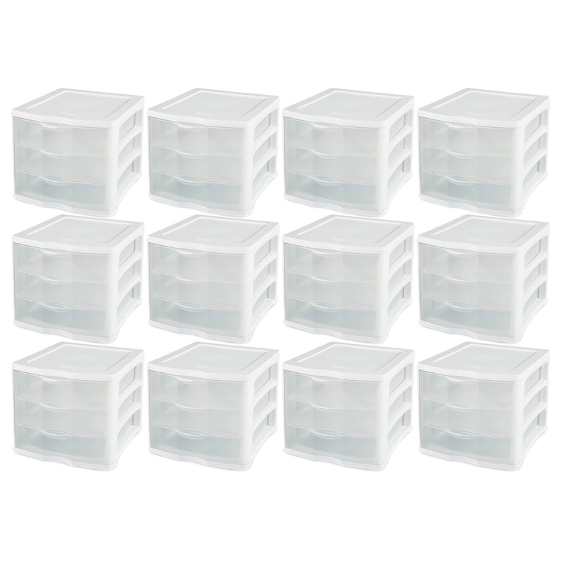 Sterilite ClearView Compact Stacking 3 Drawer Storage Organizer System, 12 Pack